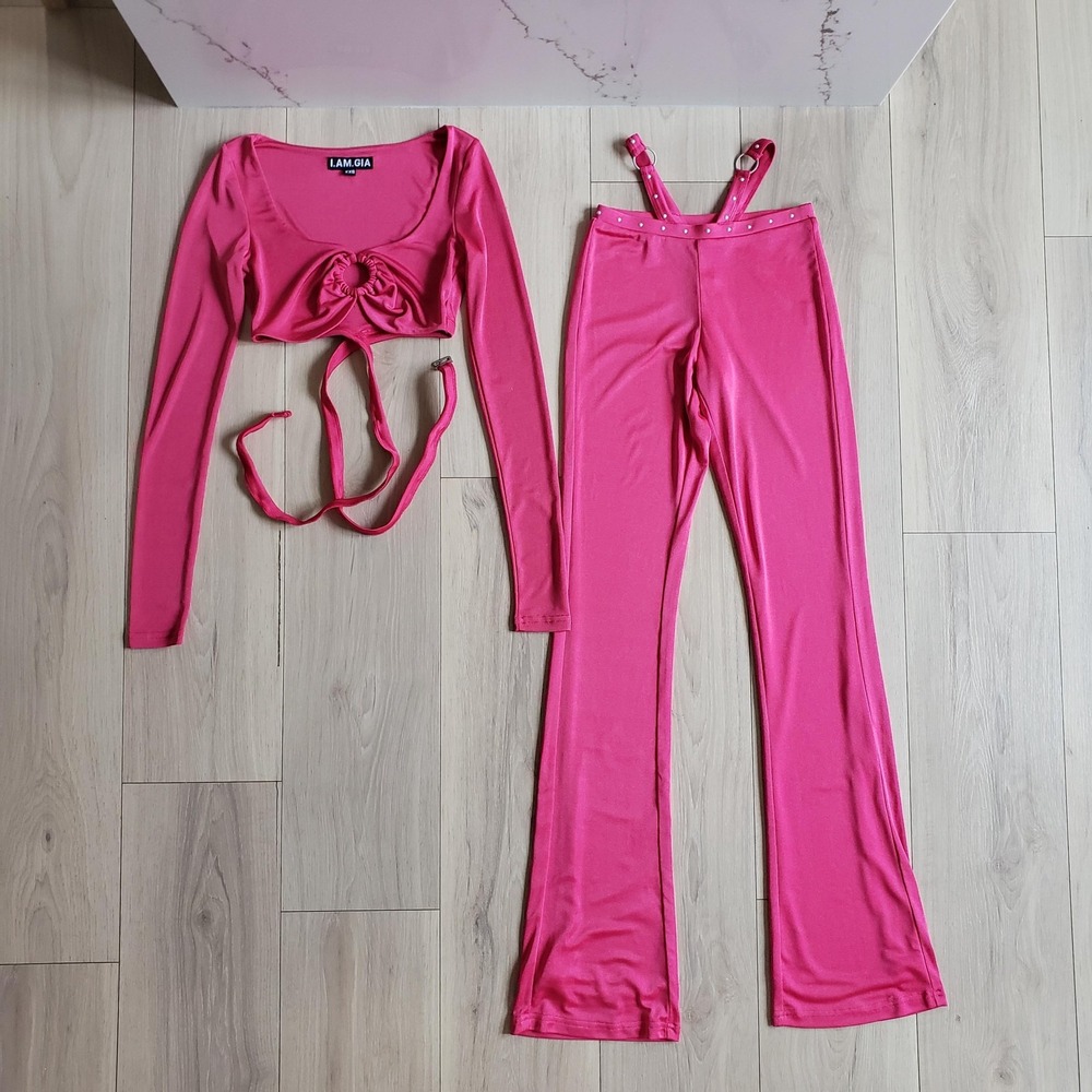 I.AM.GIA Pant Set Womens XXS Pink Jersey Tie Front Top Flare Pants 2 Piece